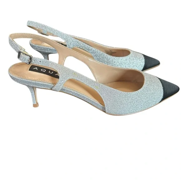 Aqua  Koko Pointed Toe Slingback Pumps Silver Glitter Kitten Heel NEW 8 - Picture 3 of 10